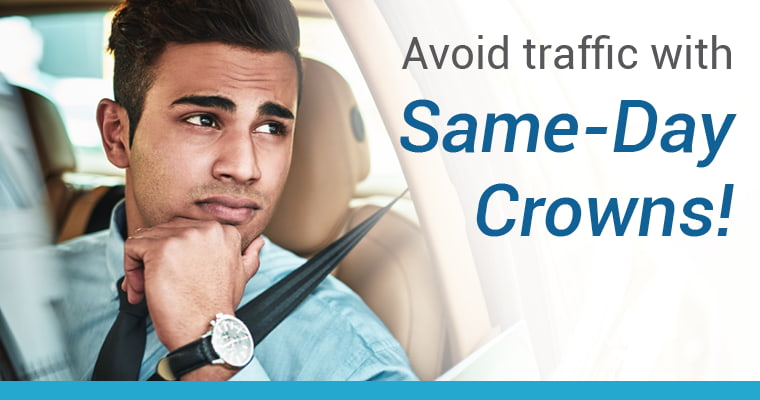 Avoid traffic with same-day crowns! A young man in business attire looking frustrated as he sits in traffic