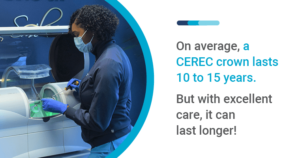 On average, a CEREC crown lasts 10 to 15 years. But with excellent care, it can last longer!