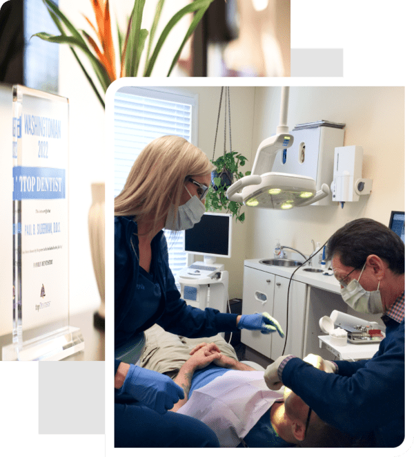 A collage of two images of Dr. Paul B. Silberman and one of his assistants checking a patient's smile